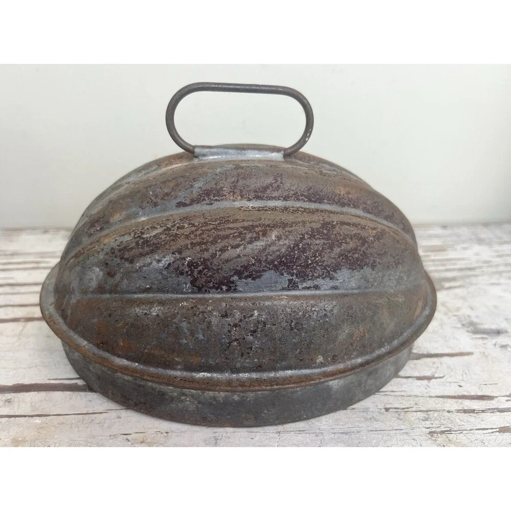 Vintage Oval Country Scalloped Serving Tray Dome, Mold, Dish W/Rust Worn Patina